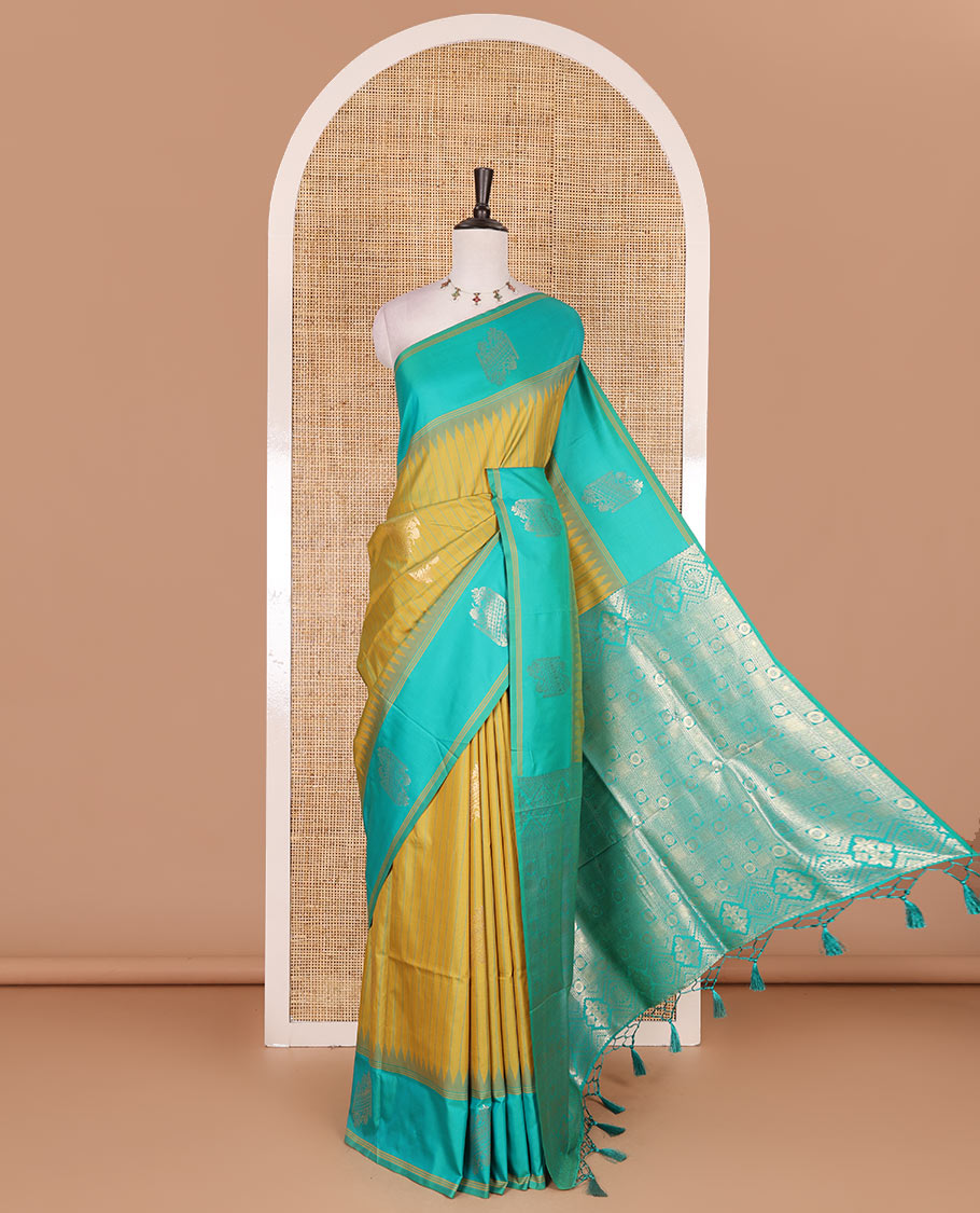 Mustard striped and zari buttas Mulberry silk saree, contrast temple zari buttas border, intricate pallu, and contrast zari design blouse