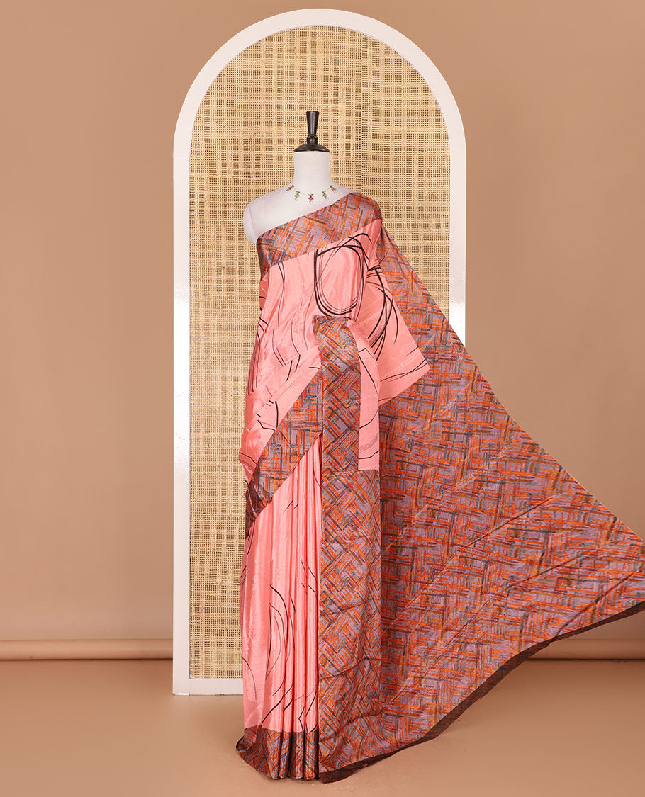 Peach abstract style geometric printed Turkey crepe saree, contrast border, and pallu of abstract textured print