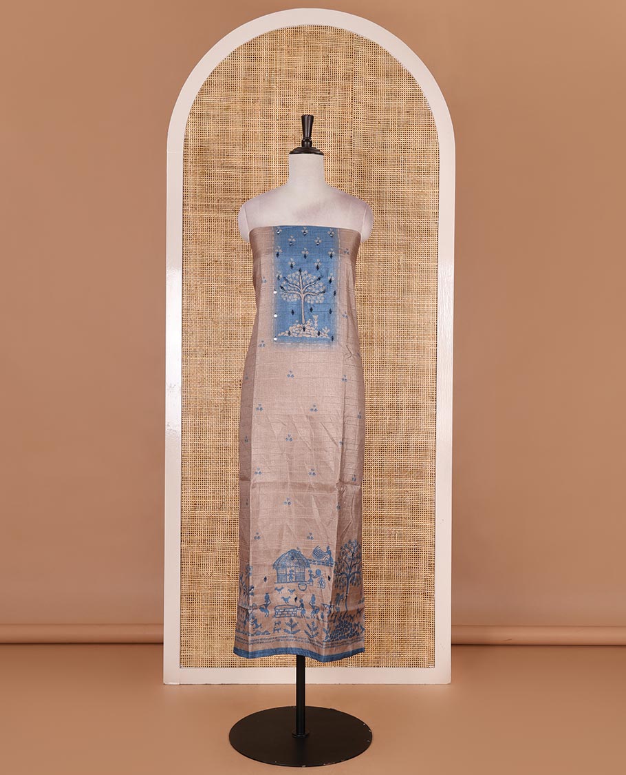 Chikku-blue material churidar set, warli tribe village theme print with mirror work semi-tussar top, plain bottom, and warli tribe village theme print semi-tussar dupatta