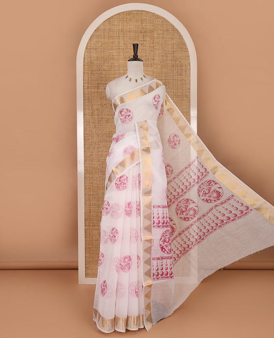White-pink circular motifs printed mercerised cotton saree, gold zari temple  border, circular motifs printed pallu & matching zari border blouse