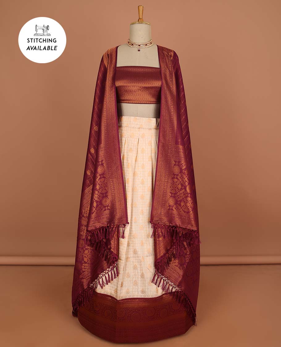 Cream checked , floral design half saree with contrast border, zari design blouse & striped , floral dhavani