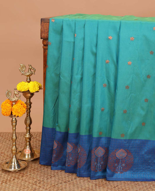 Rama with blue star zari butta soft cotton saree with contrast small checks border & rich weaving pallu along with butta design blouse