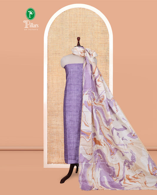 Lavender Semi-Bhagalpur Cotton Material Churidar Features Plain Top, a Santoon Bottom, and Contrast Abstract Printed Dupatta