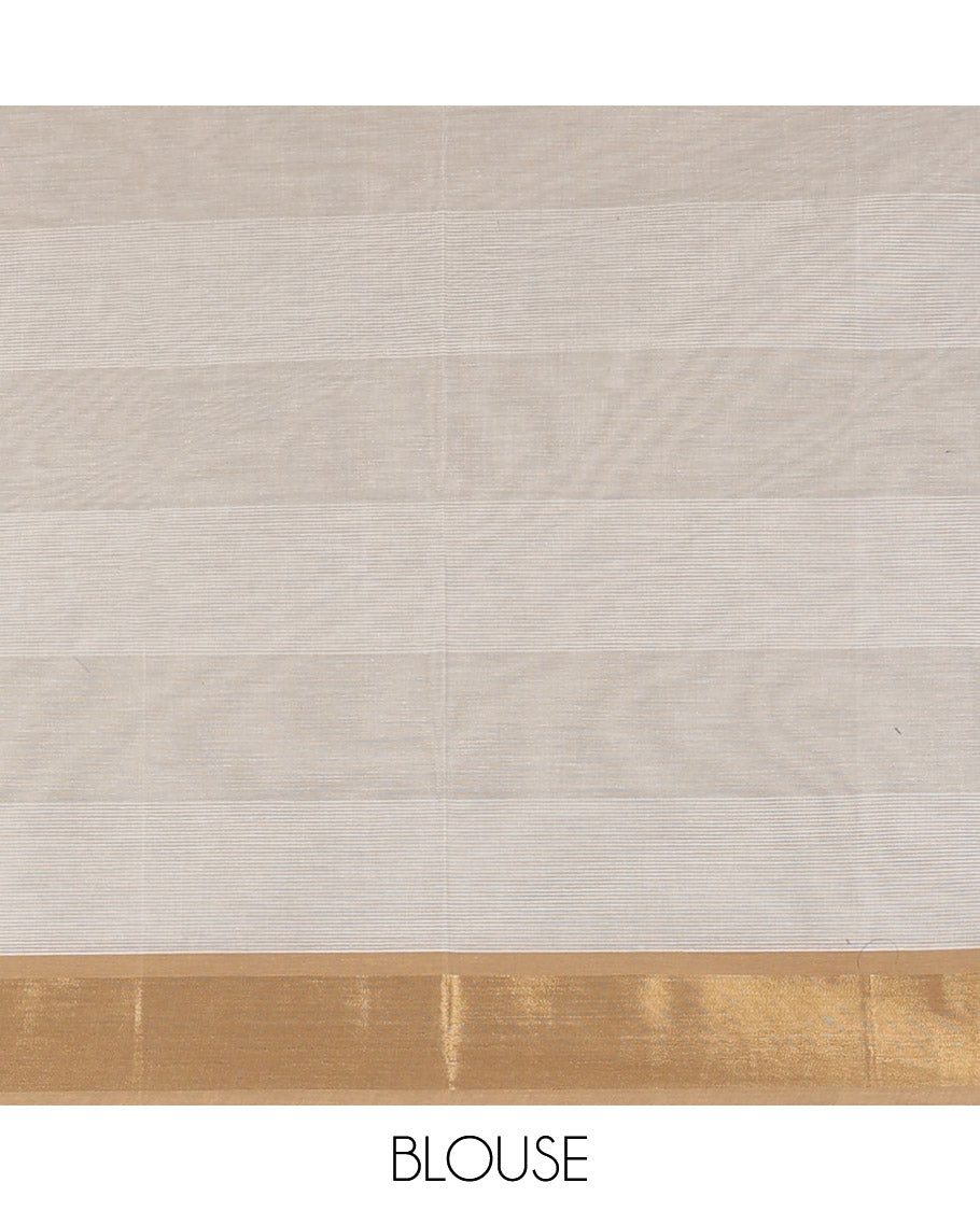 Brown striped Coimbatore cotton saree with buttas, zari border & floral design pallu