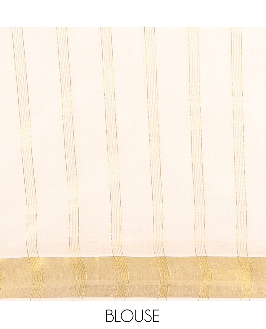 Half-White Kerala Cotton Saree, Prettified with Vertical Stripes and Floral Print on Its Body, Highlighted by a Zari Border, Pallu Pictures the Same Design, and Paired with a Matching Blouse