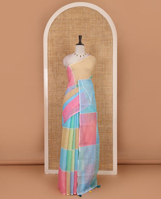 Borderless multi colour colorful big checked geometric theme printed linen saree, striped pallu and contrast plain blouse