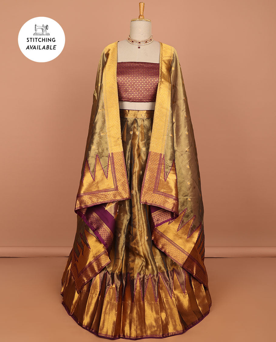 Brown buttas art silk half saree with contrast zari border, argyle pattern blouse & buttas with zari border dhavani