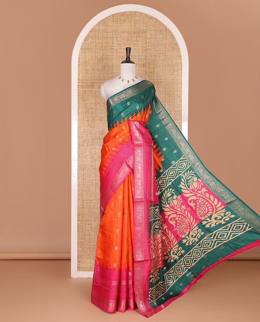 Orange zari buttas dola silk saree, contrast green-pink temple ganga jamuna traditional zari border, paisley pallu, and contrast zari design blouse