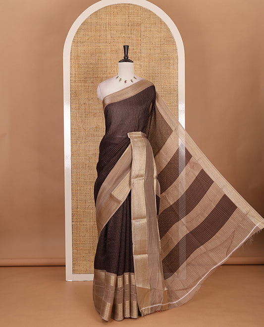 Brown Checked saree with contrast zari border and contrast striped pallu along with contrast blouse
