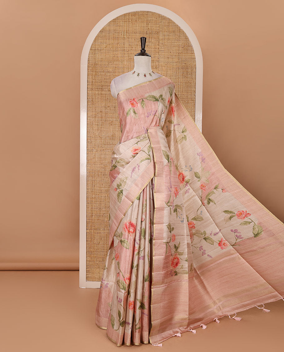 Light peach floral-leaf printed fancy tussar silk saree, zari woven border & zari striped pallu & matching stripes & floral printed blouse