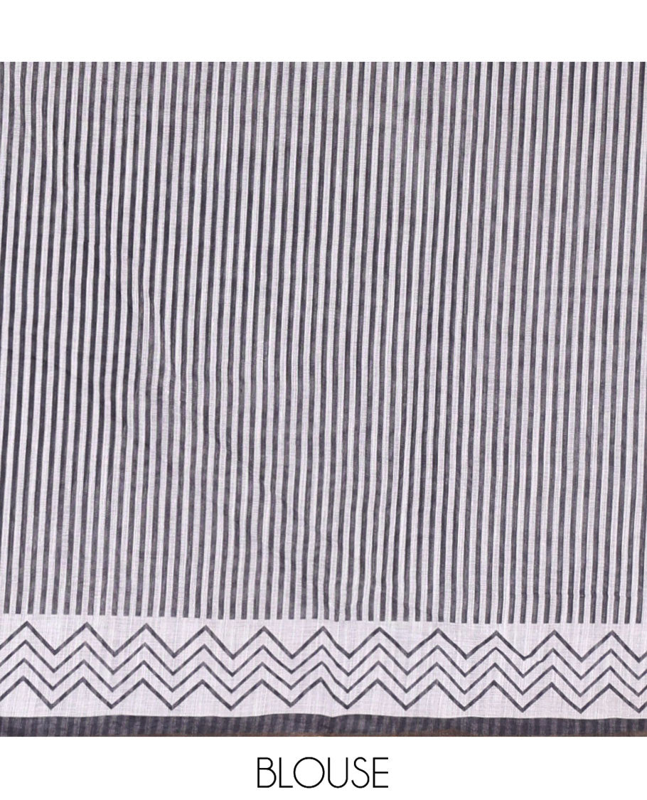Blue Linen Cotton Saree, Adorned with Mirror Work Across Its Body, Subtly Piping Border, Contrast Pallu Steeped with Stripes, and Mirror Work, and Paired with a Contrast Vertical Stripes Printed Blouse