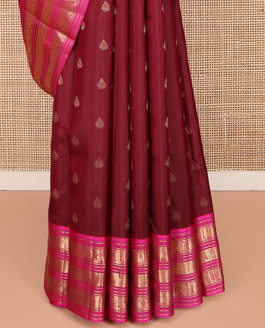 Red Kanchipuram Silk Saree, Opulently Embellished with Mayil Buttas on Its Body, Complemented by Contrast Border of Kathir, and Mayil Designs, Pallu Depicting Mayil Kann Designs, and Paired with a Contrast Blouse