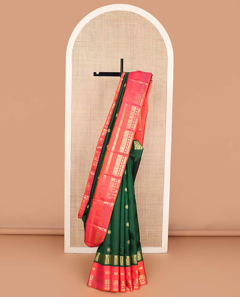 Green zari buttas Kanchipuram korvai silk saree, contrast varisai pettu border of zari designs, and jaal pallu