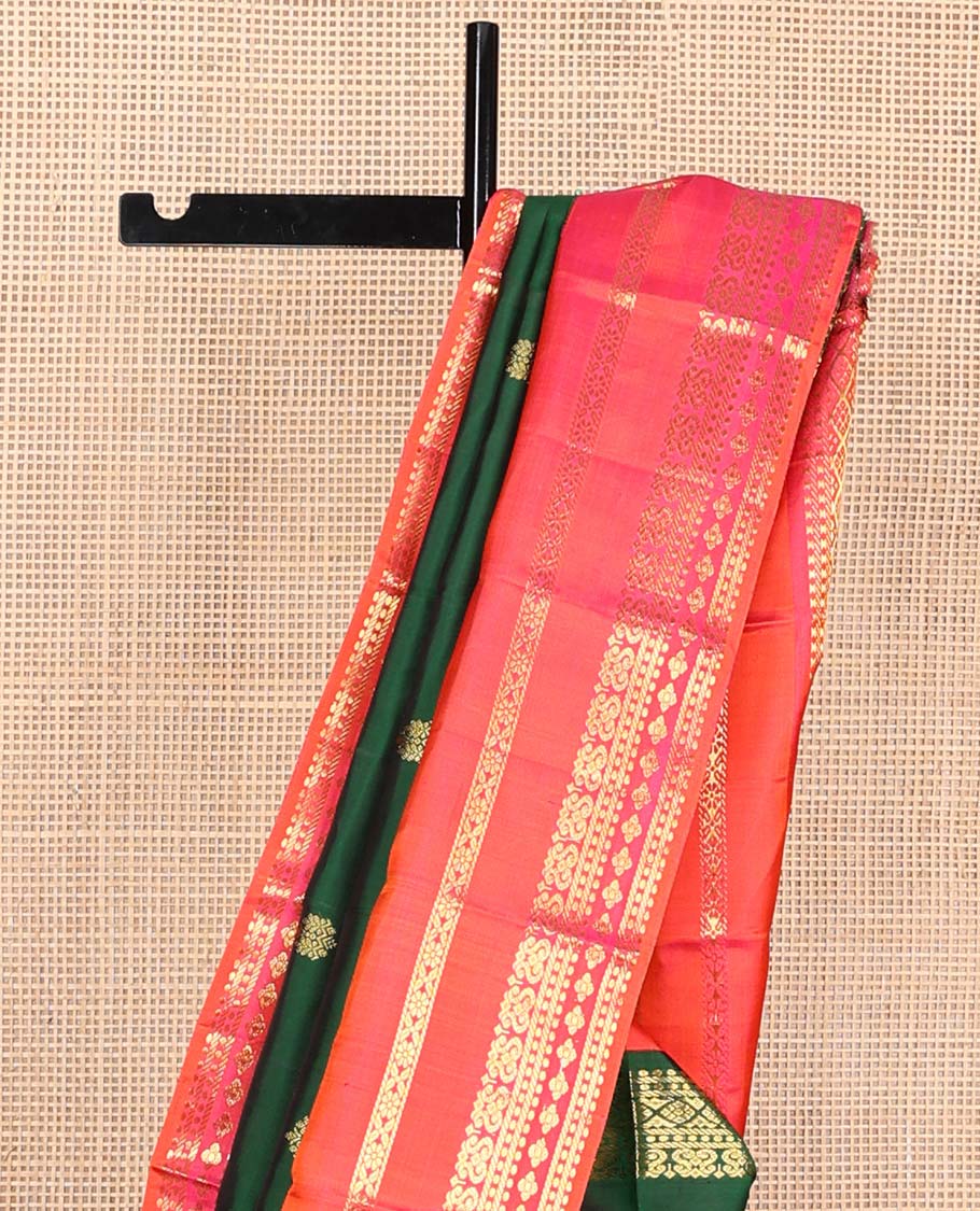 Green zari buttas Kanchipuram korvai silk saree, contrast varisai pettu border of zari designs, and jaal pallu