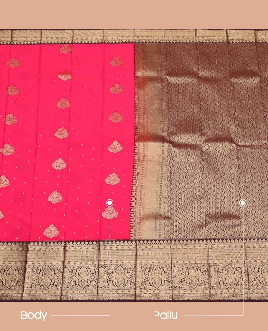 Pink Budget Silk Saree, Beautified with Zari Buttas All Over Its Body, Complemented by a Contrast Traditional Zari Design Woven Border, Gleaming Jaal Pallu, and Paired with a Contrast Blouse