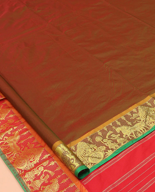 Green-Brown Zari Buttas Nine-Yard Saree, Complemented by a Contrast Men-Chariot-Themed Border, Contrast Men-Chariot-Themed Pallu, and No Blouse