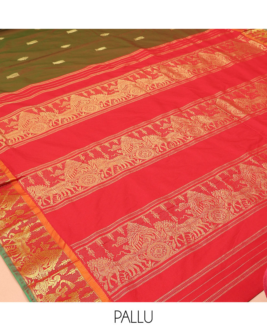 Green-Brown Zari Buttas Ten Yard Saree, Complemented by a Contrast Men-Chariot-Themed Border, Contrast Men-Chariot-Themed Pallu, and No Blouse