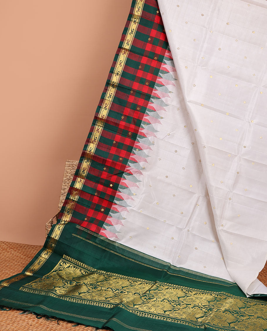 Cream floral buttas kancheepuram silk saree with contrast checked, floral border & intricate zari design pallu