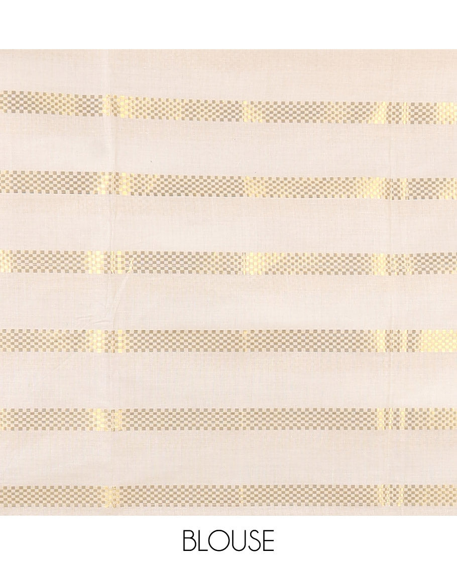 Borderless cream and mustard horizontal muthu zari striped Kerala cotton saree, self-pallu with tassels, and a matching blouse