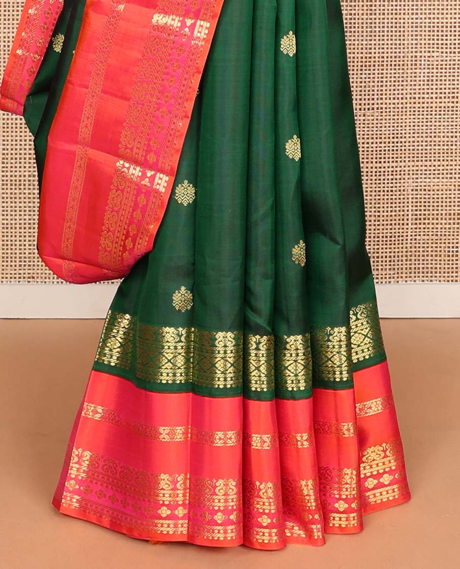 Green zari buttas Kanchipuram korvai silk saree, contrast varisai pettu border of zari designs, and jaal pallu