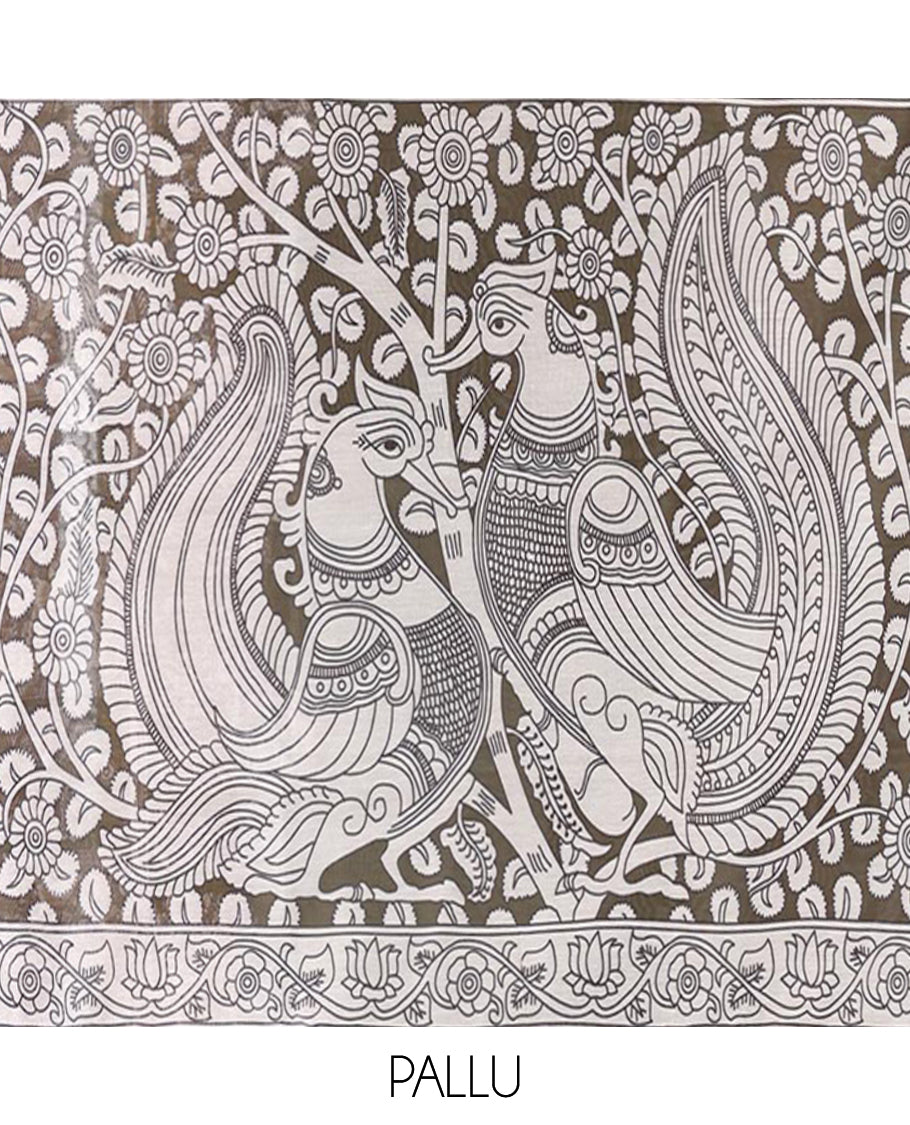 Green Chanderi Cotton Saree, Highlighted with Kalamkari-Style Ancient Human Figurines Printed on Its Body, Subtle Zari Piping Border, Pallu Depicting Kalamkari Peacocks, and Paired with a Matching Blouse
