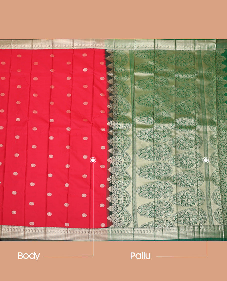 Red Budget Silk Saree, Decked Up with Round Buttas All Over Its Body, Complemented by a Contrast Traditional Zari Border, Grand Floral Design Pallu, and Paired with a Contrast Blouse