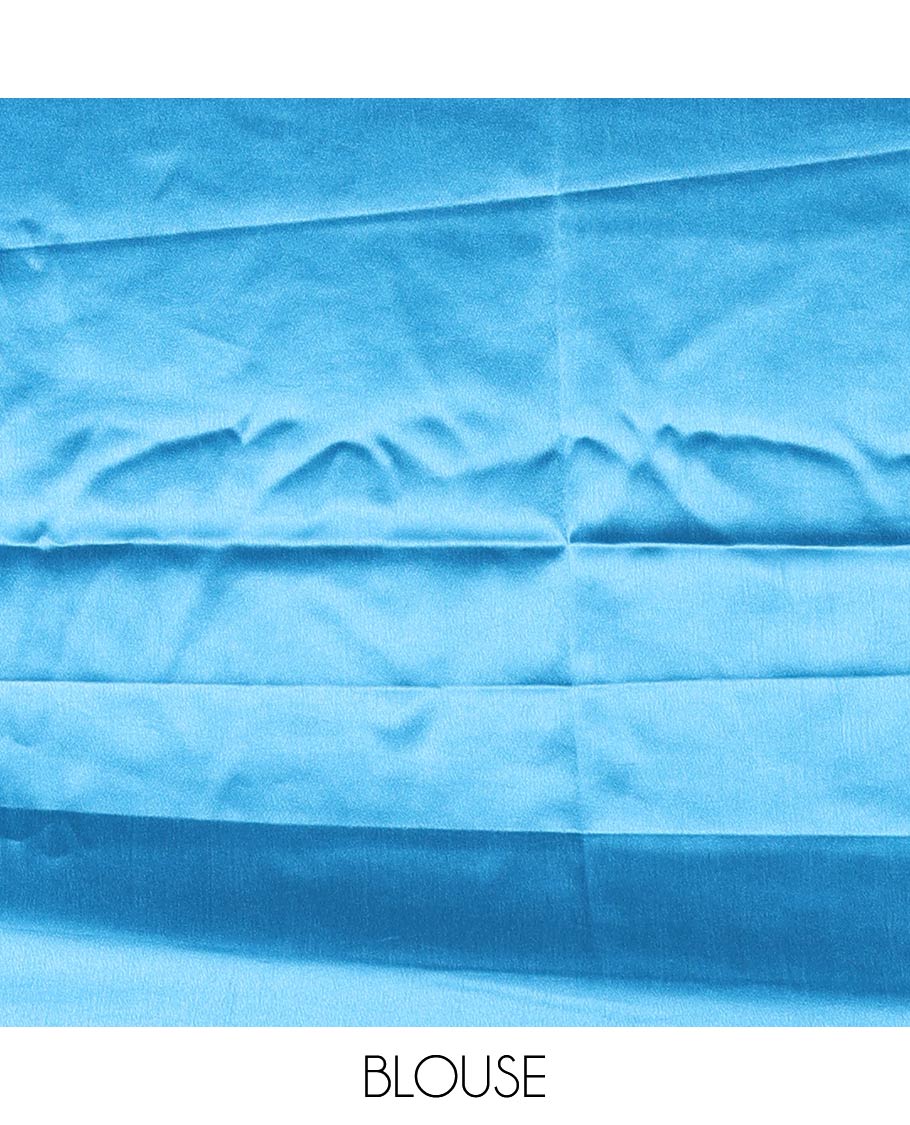 Blue ombre full-plain satin crepe saree, copper zari border, and plain blouse