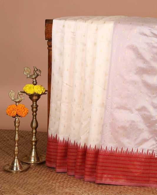Cream with maroon temple butta kanchi silk saree with temple, traditional zari border & rich weaving pallu along with butta design blouse