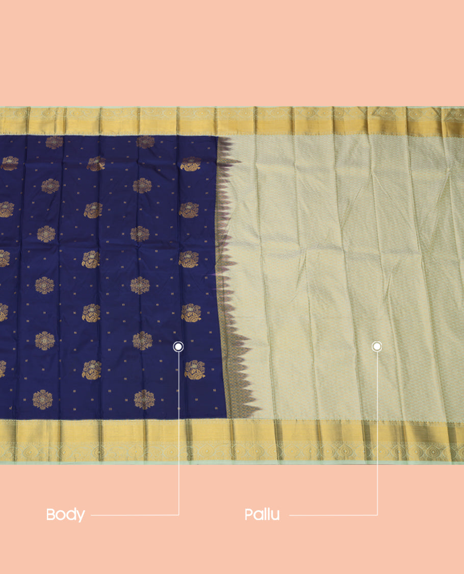 Navy Blue Budget Silk Saree, Detailed with Zari Buttas, a Contrast Traditional Zari Border, Grand Pallu, and a Contrast Blouse