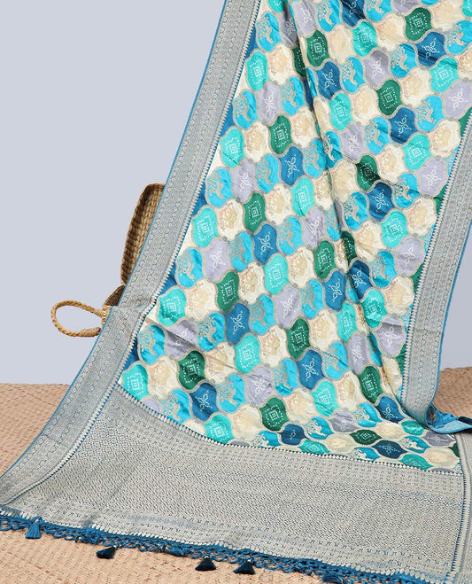 Multi-colored ogee design semi-banaras dola silk saree with contrast zari border & intricate zari design pallu