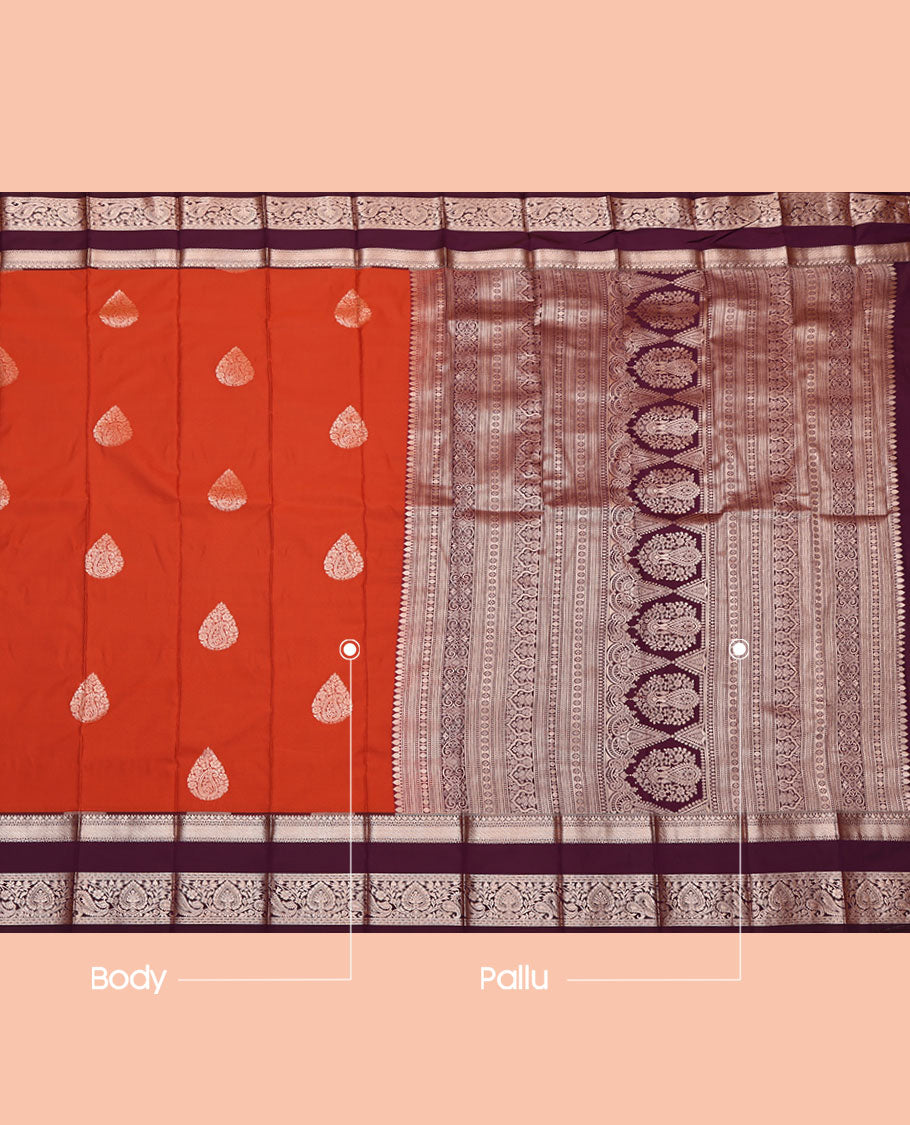 Orange Budget Silk Saree, Featuring Zari Buttas, Complemented by a Contrast Traditional Zari Rettai Pettu Border, Intricately Designed Pallu, and a Contrast Blouse