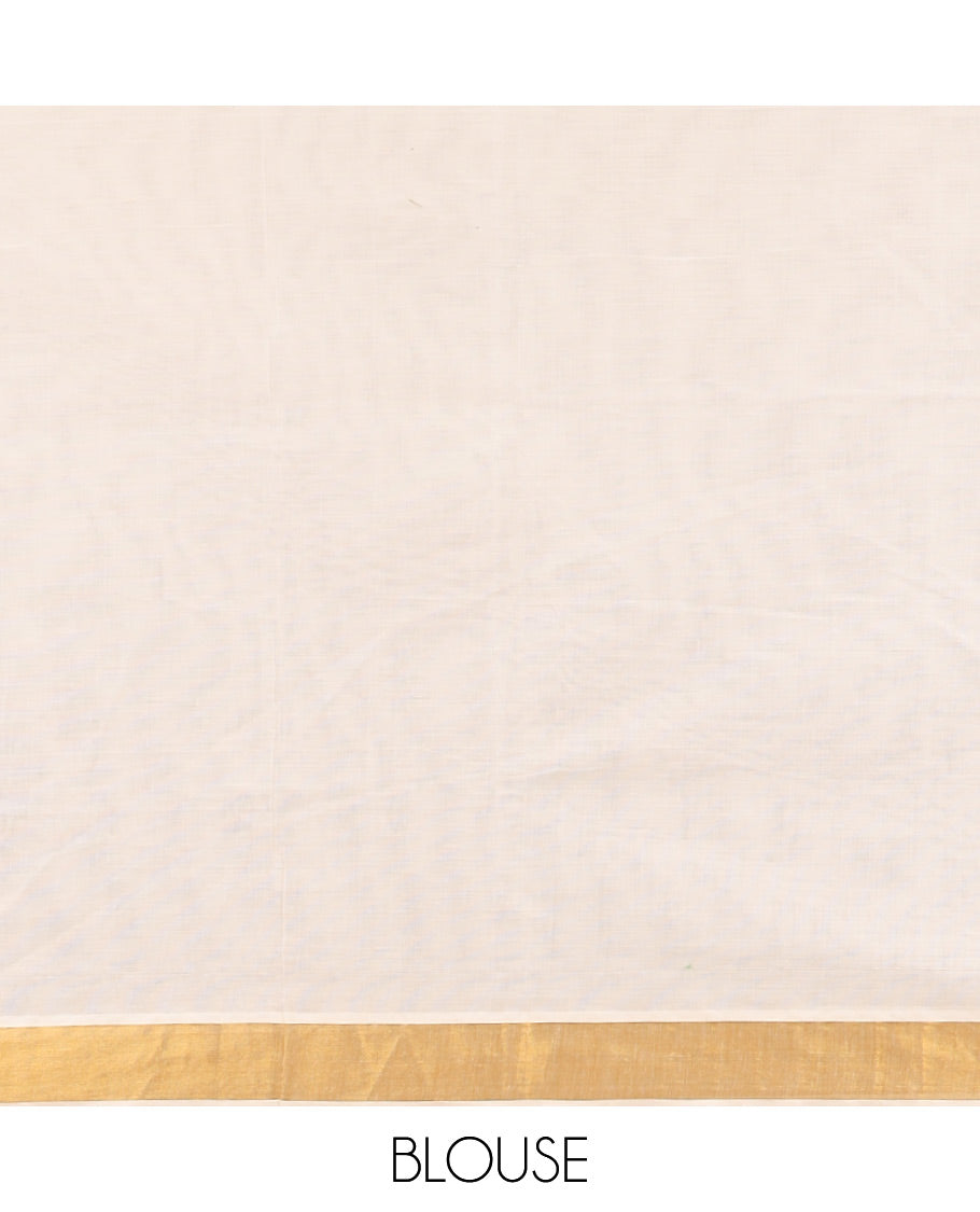 Cream kerala saree features zari designs, zari border & pallu of intricate zari designs