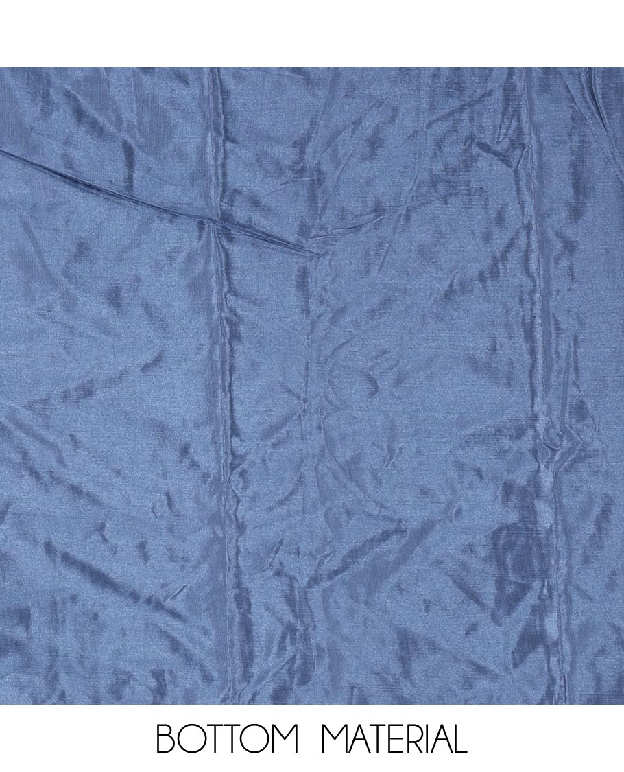 Chikku-blue material churidar set, warli tribe village theme print with mirror work semi-tussar top, plain bottom, and warli tribe village theme print semi-tussar dupatta