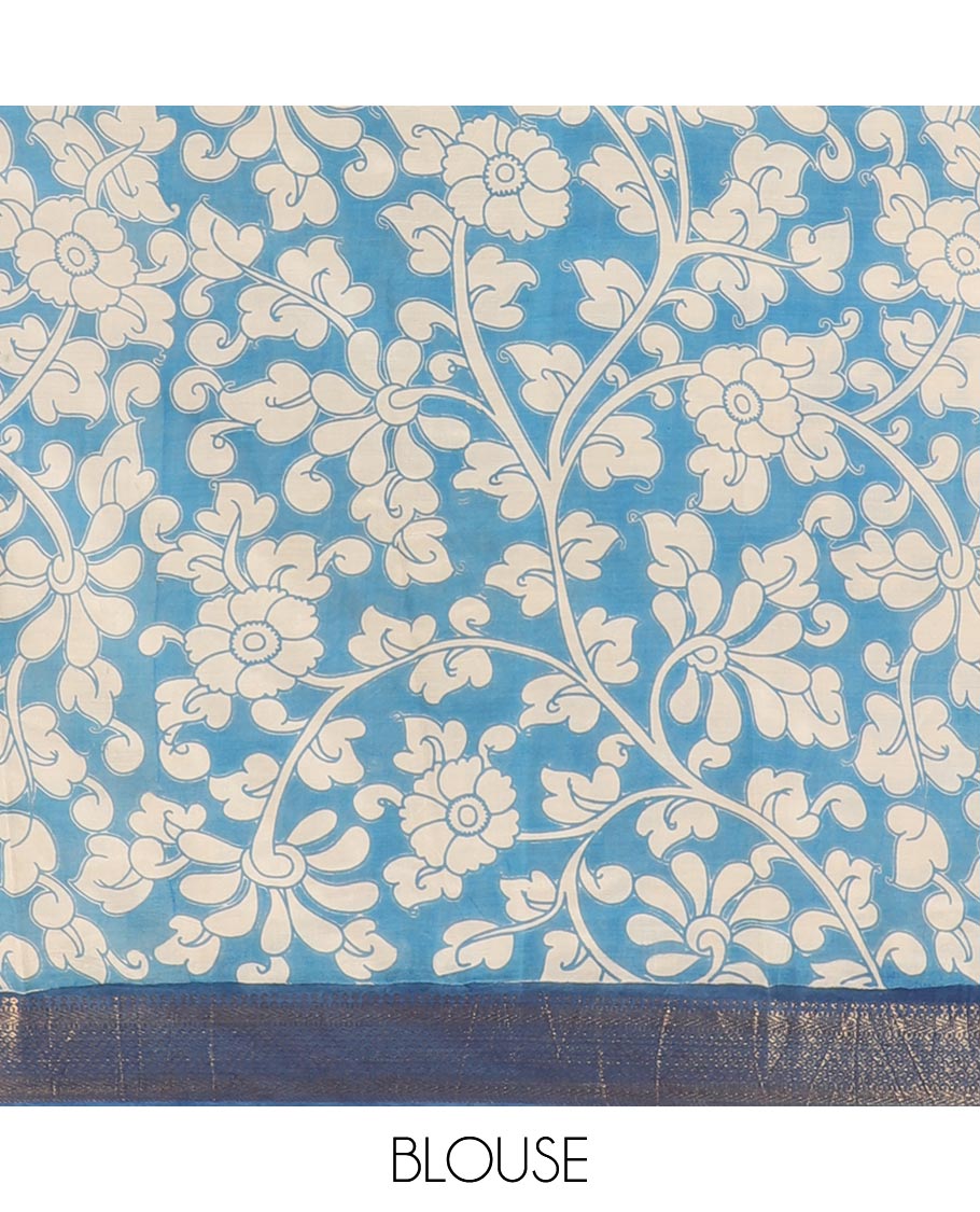 Black kalamkari-style pichwai printed Mangalagiri cotton saree with contrast traditional zari border, kalamkari printed pallu, and a floral vine printed blouse