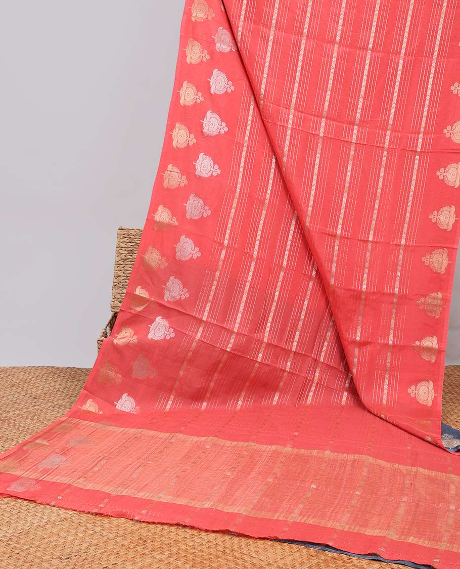 pink striped mushru silk saree se;f floral motifs border & striped zari pallu