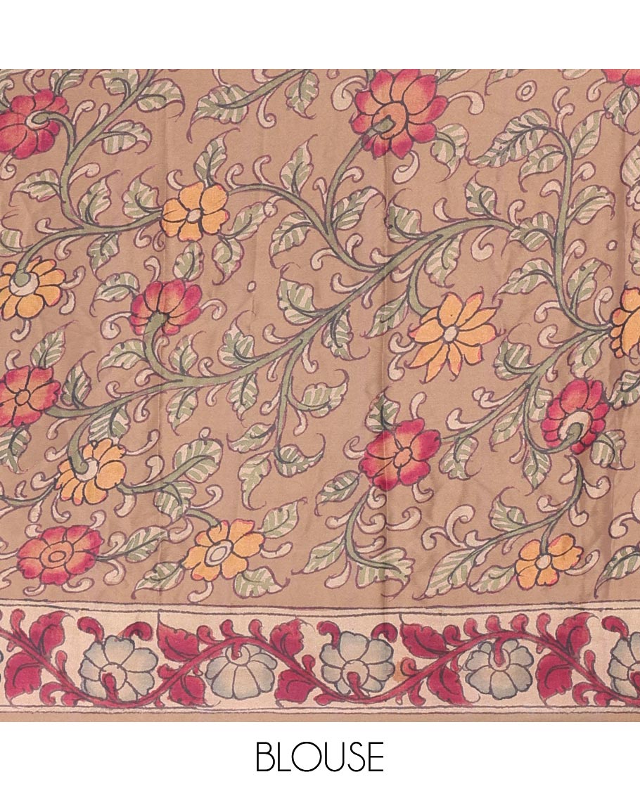 Dark purple Abstract printed Italian crepe saree, contrast kalamkari floral vine printed border, kalamkari printed pallu, and kalamkari printed blouse