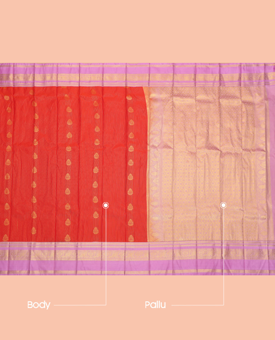 Red Budget Silk Saree, Enriched with Zari Buttas and Stripes, Complemented by Contrast Traditional Rettai Pettu Border, a Jaal Pallu and a Contrast Blouse