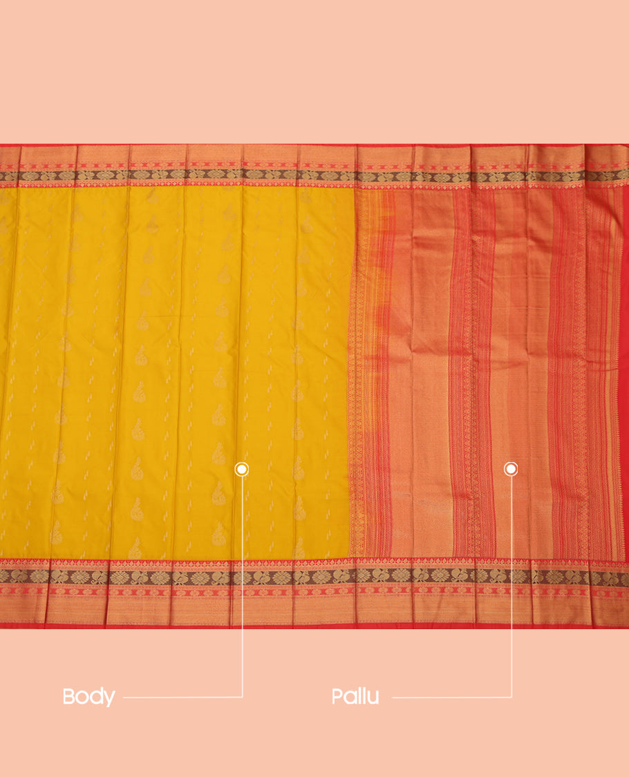 Yellow Budget Silk Saree, Sparsely Woven with Zari Buttas, a Contrast Traditional Zari Border, Intricate Pallu, and a Contrast Blouse
