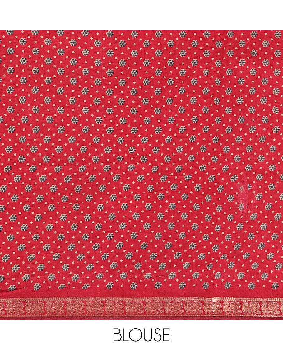 Blue diamond patterns Shibori-style printed muslin cotton saree, contrast elephant motifs printed border, batik elephant motifs pallu & contrast flower buttas printed blouse