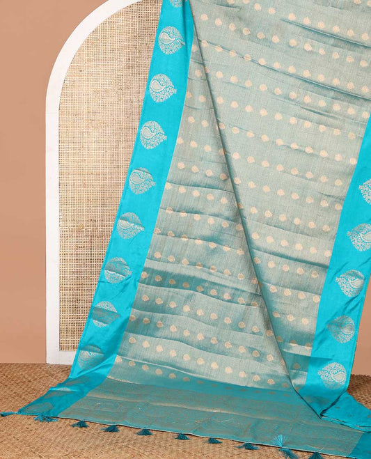 Rama blue zari butta design banaras tissue saree with butta border & rich brocade pallu along with running blouse