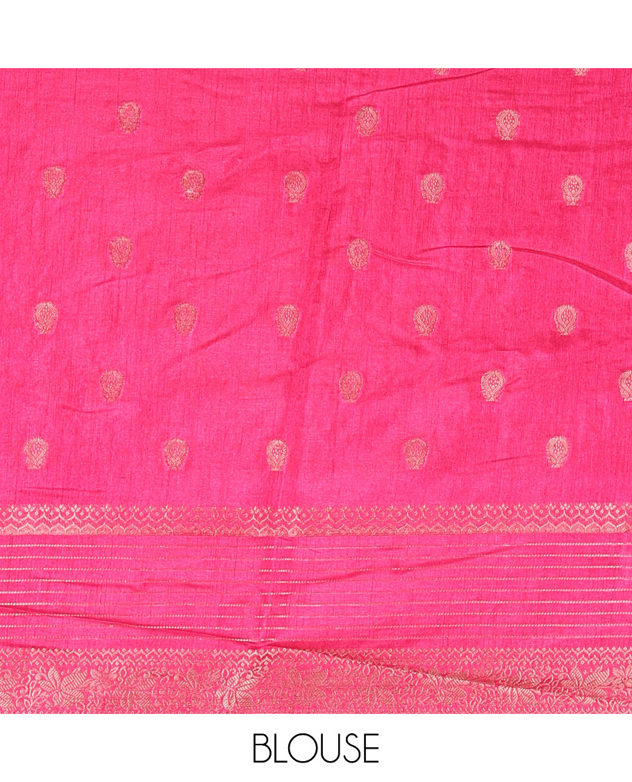 Orange zari buttas dola silk saree, contrast green-pink temple ganga jamuna traditional zari border, paisley pallu, and contrast zari design blouse