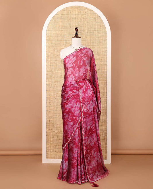 Rani pink floral design digital printed Barbie doll chiffon saree, jarkan stone work border, and printed blouse