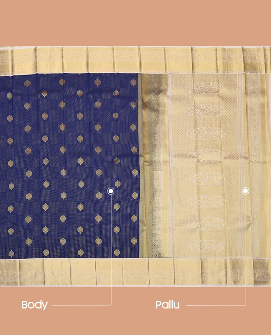 Navy Blue Budget Silk Saree, Accentuated with Zari Buttas and Checks, Complemented by a Contrast Traditional Zari Design Border, Intricately Designed Pallu, and a Contrast Blouse