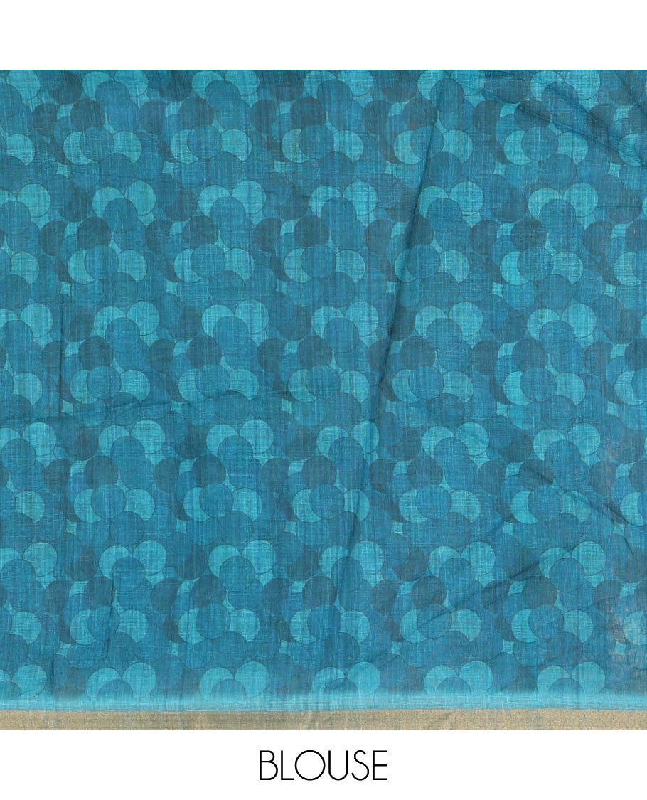 Blue polka dots printed linen cotton saree, piping border, kalamkari floral-peacock printed pallu & small polka dots printed blouse