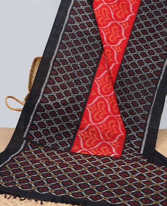 black and red argyle design ikkat cotton saree with self plain border & argyle design pallu