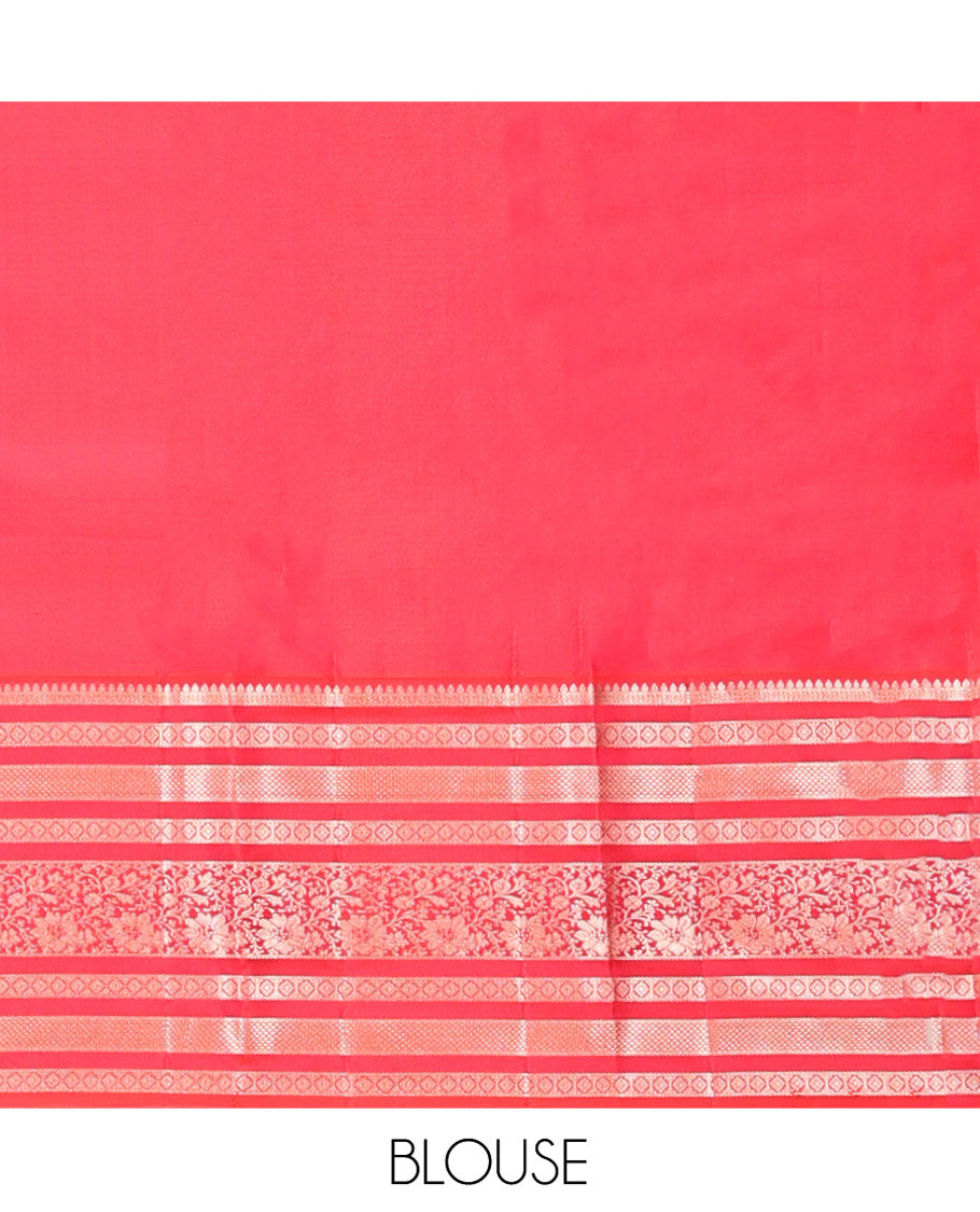 Rama Vasundhara Silk Saree, Accentuated with Zari Buttas All Over Its Body, Complemented by a Contrast Varisai Pettu Border of Thilakam, Neli, Laddu Kamalam, and Kodi Visiry Designs, Grand Pallu of Butta Enclosed Checks, and Paired with a Contrast Blouse