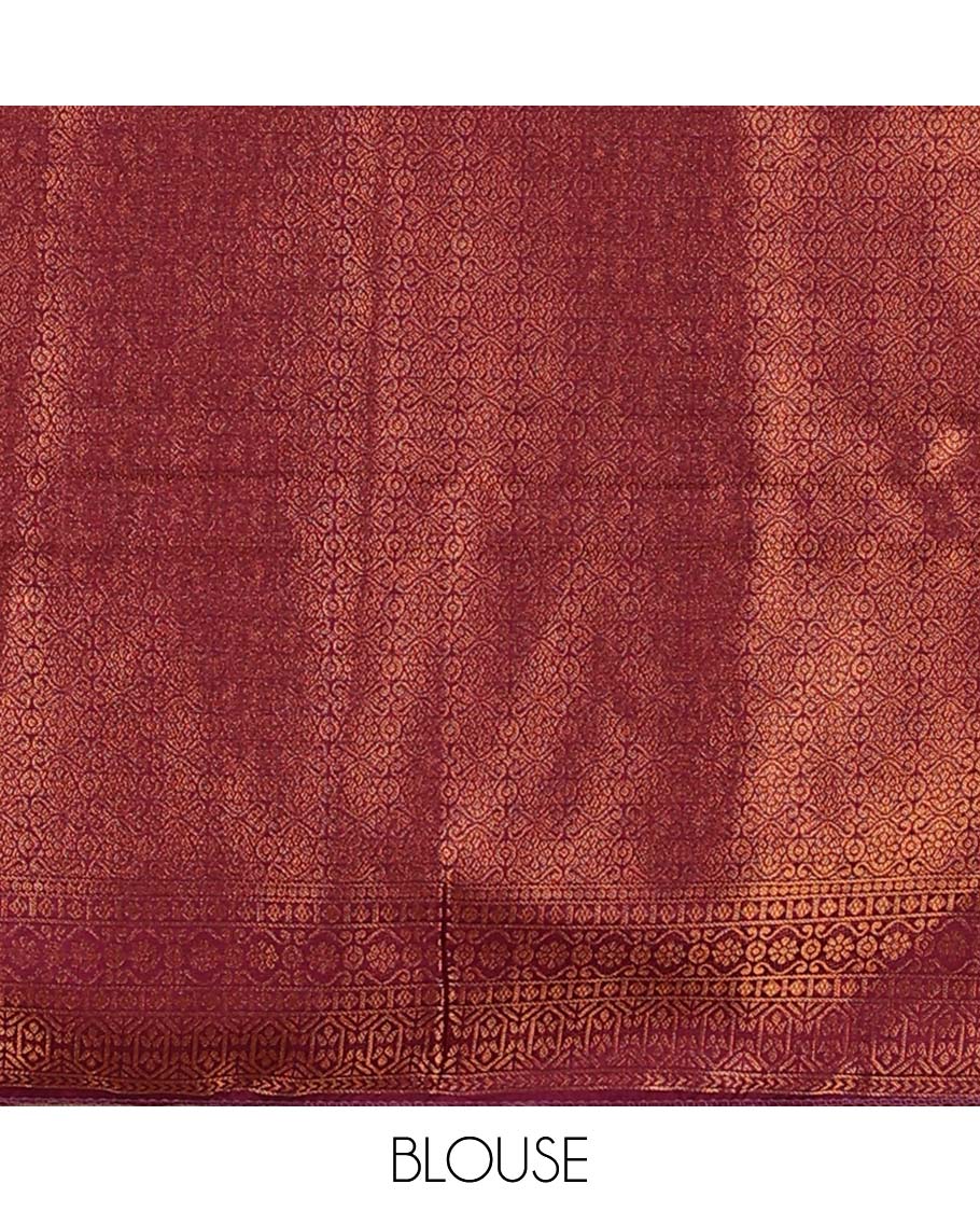 Cream checked , floral design half saree with contrast border, zari design blouse & striped , floral dhavani