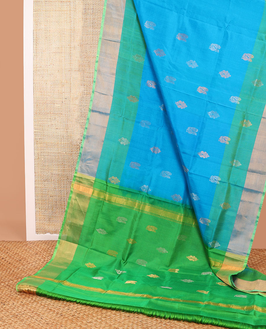 Blue floral motifs uppada saree with contrast zari design border & striped, floral design pallu
