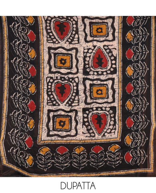 Black-Yellow Mul Cotton Material Chudidar, Batik Printed Top, a Contrast Bottom, and Batik Print Dupatta