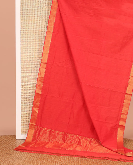 Red Plain Mangalagiri Cotton Saree, Beautified with Temple Zari Border, Gleaming Zari Pallu, and Paired with a Matching Blouse